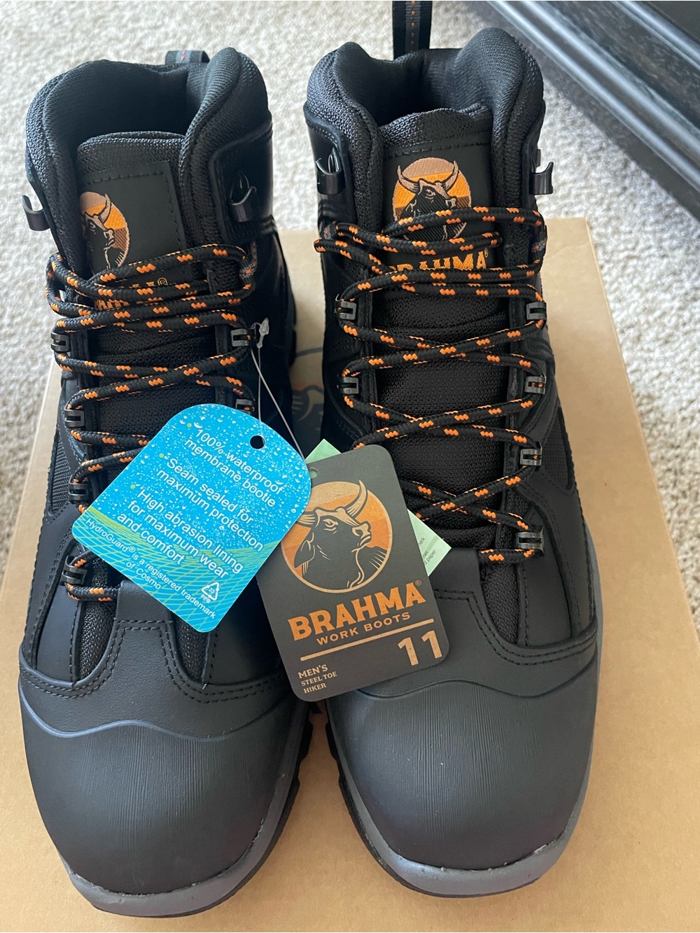 Brahma Black Work Boots with Orange Laces and Logo
